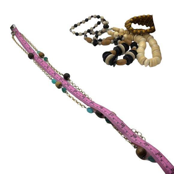 Wood Stone Beaded Necklaces & Stretch Bracelet Set Of Four Vintage 80s Bohemian - Picture 9 of 11